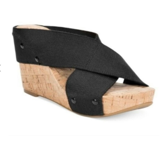 Lucky Brand Miller 2 Cork Wedge Platform Black Linen Strap Sandals 8 - Picture 2 of 11